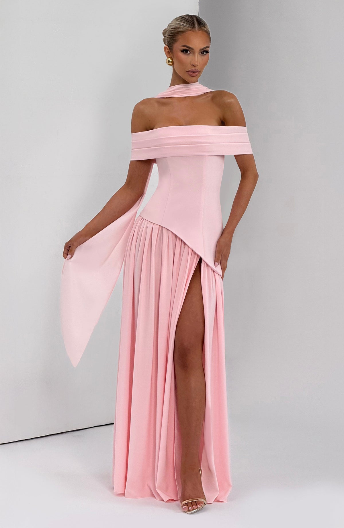 Dorothy Off-Shoulder High Slit Maxi Dress - Blush Avalabel