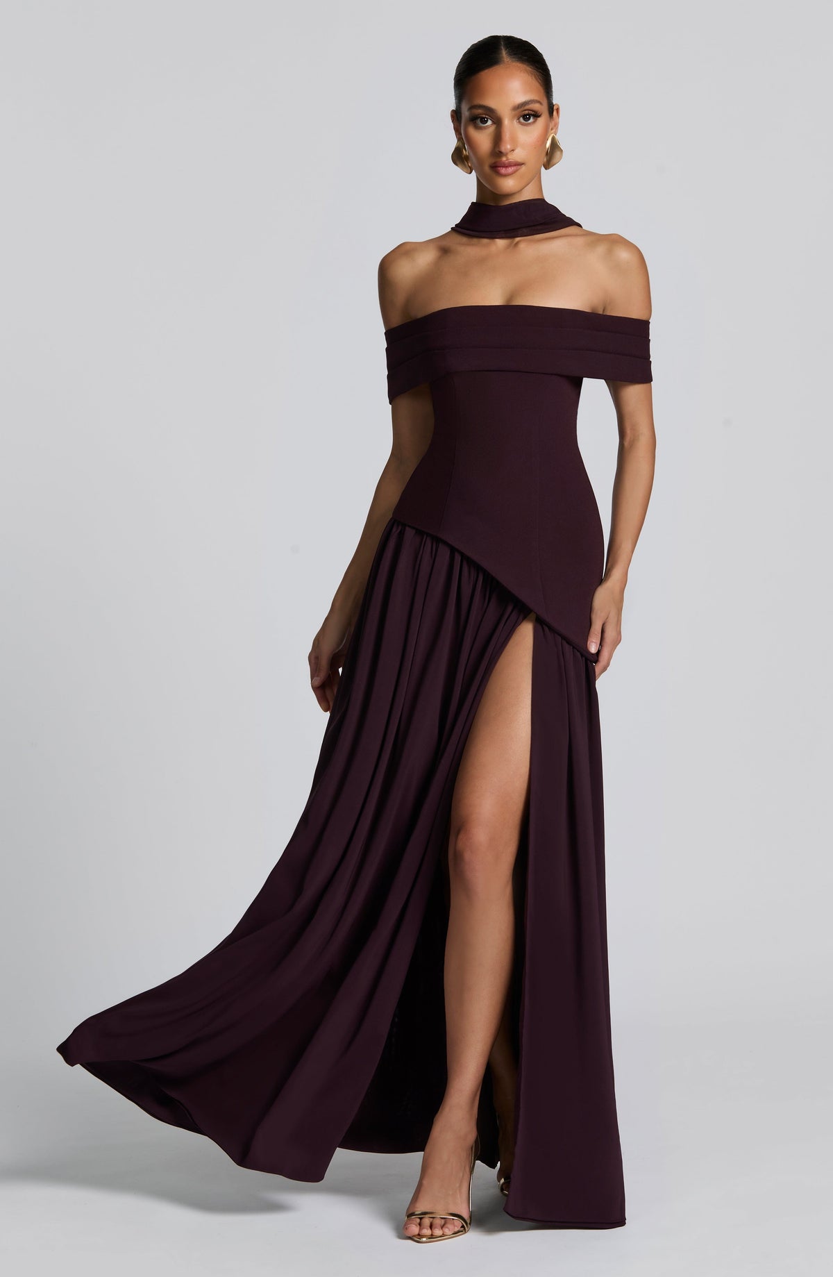 Dorothy Off-Shoulder High Slit Maxi Dress - Plum Avalabel