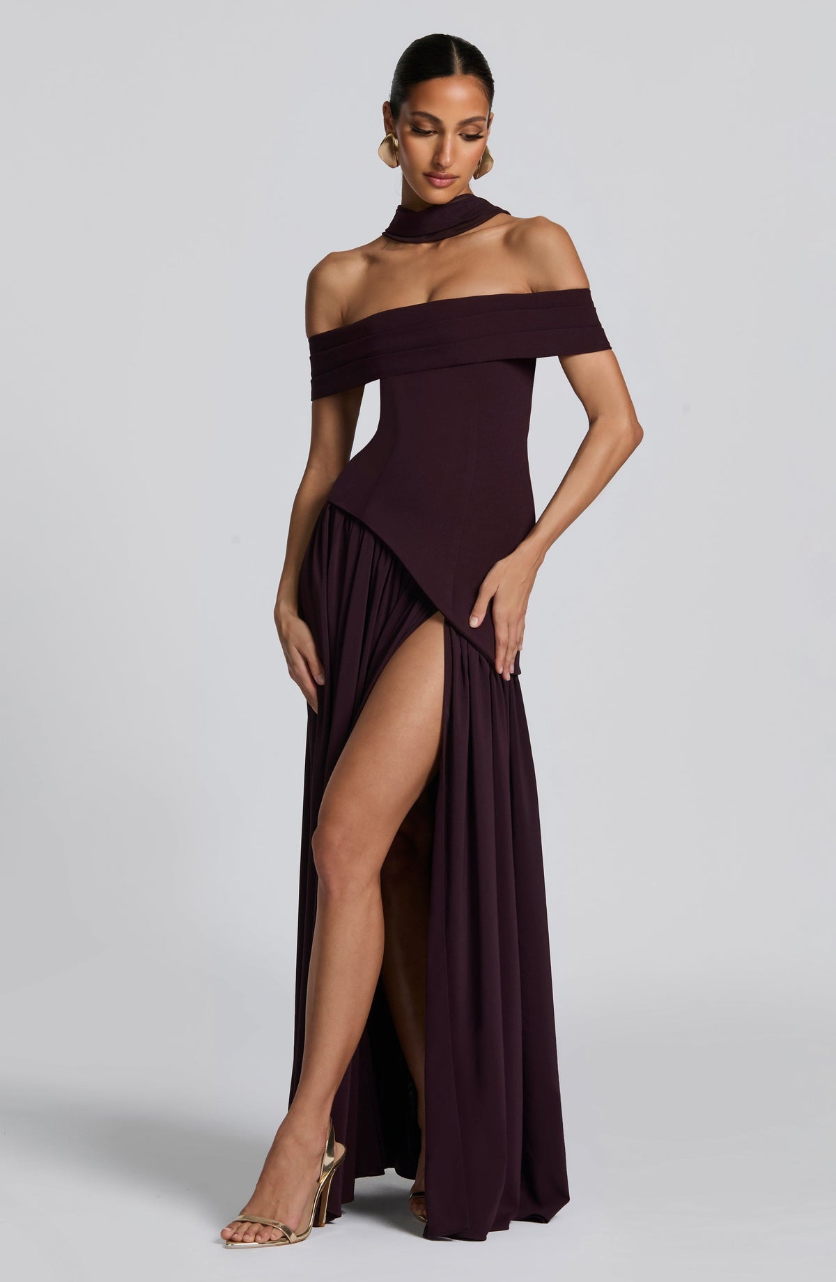 Dorothy Off-Shoulder High Slit Maxi Dress - Plum Avalabel