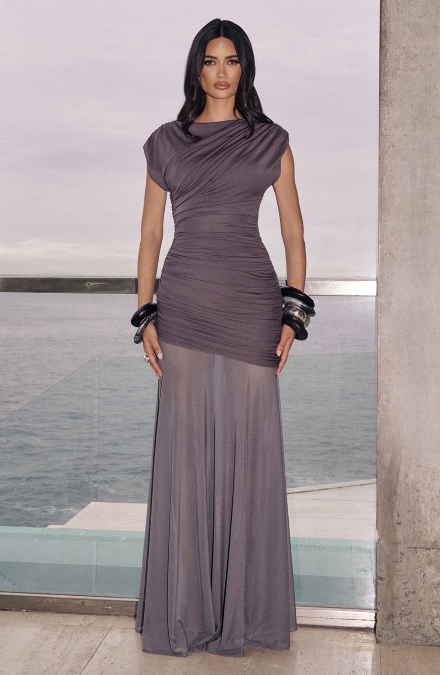 Eileen Ruched Sleeveless Maxi Dress - Charcoal