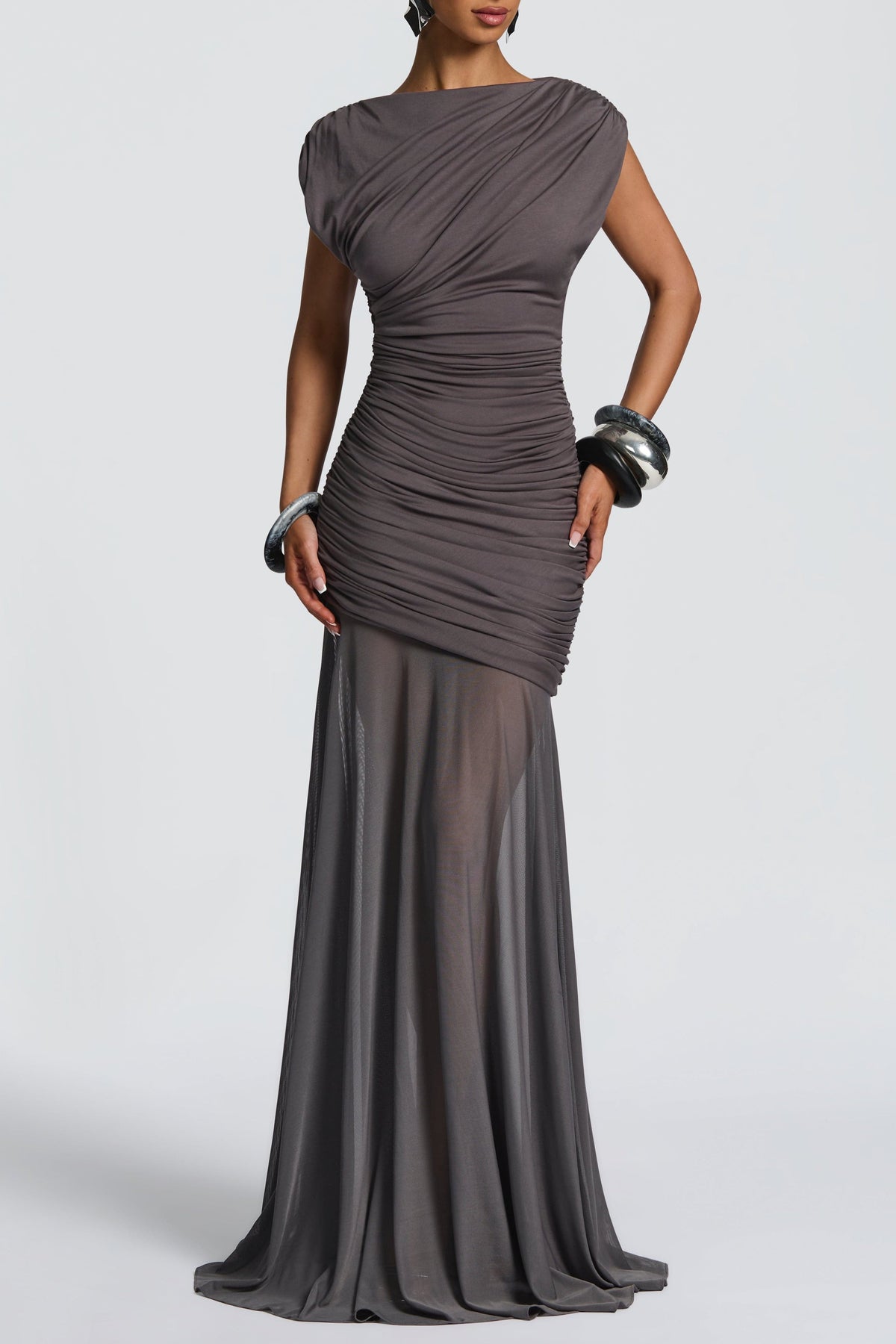 Eileen Ruched Sleeveless Maxi Dress - Charcoal Avalabel