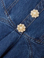 Sleeveless Flower Button Denim Mini Dress in Blue Avalabel