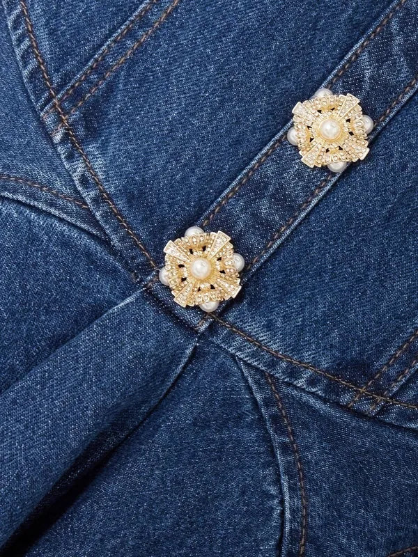 Sleeveless Flower Button Denim Mini Dress in Blue Avalabel