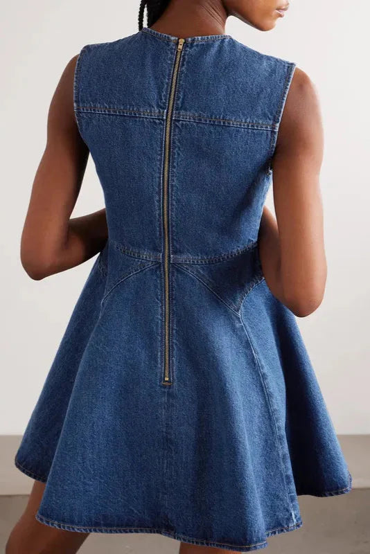 Sleeveless Flower Button Denim Mini Dress in Blue Avalabel