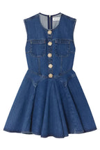 Sleeveless Flower Button Denim Mini Dress in Blue Avalabel