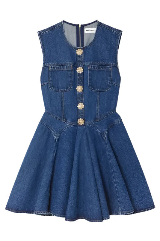 Sleeveless Flower Button Denim Mini Dress in Blue Avalabel