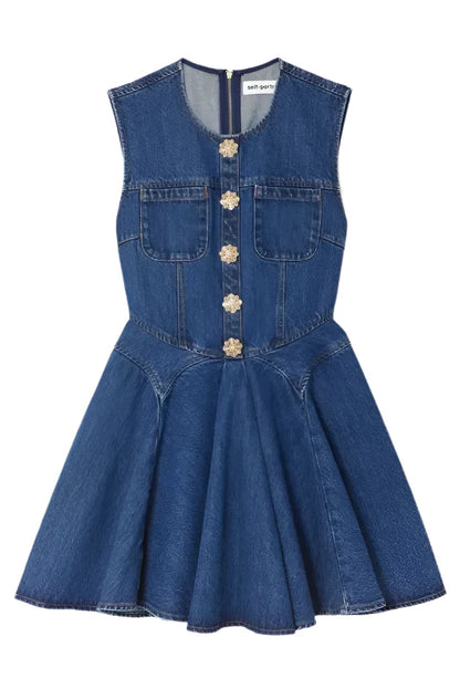 Sleeveless Flower Button Denim Mini Dress in Blue