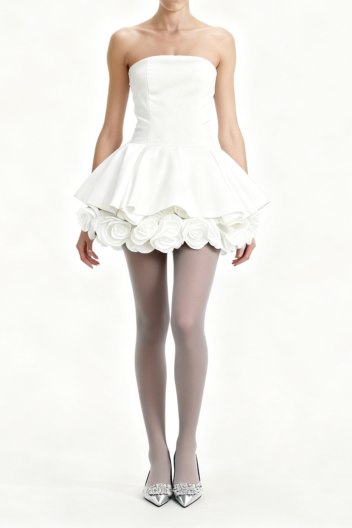 Lucie white petal-layered strapless corset mini dress Avalabel
