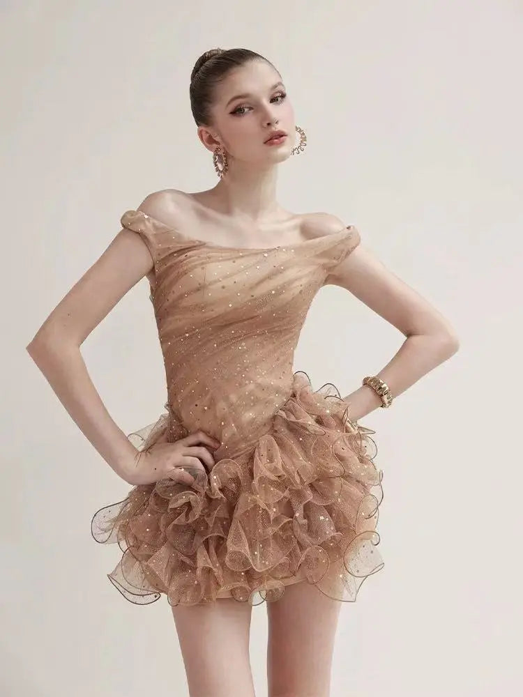 Veronic Romantic Embellished Sleeveless Ruffle Sequin Mini Dress Avalabel