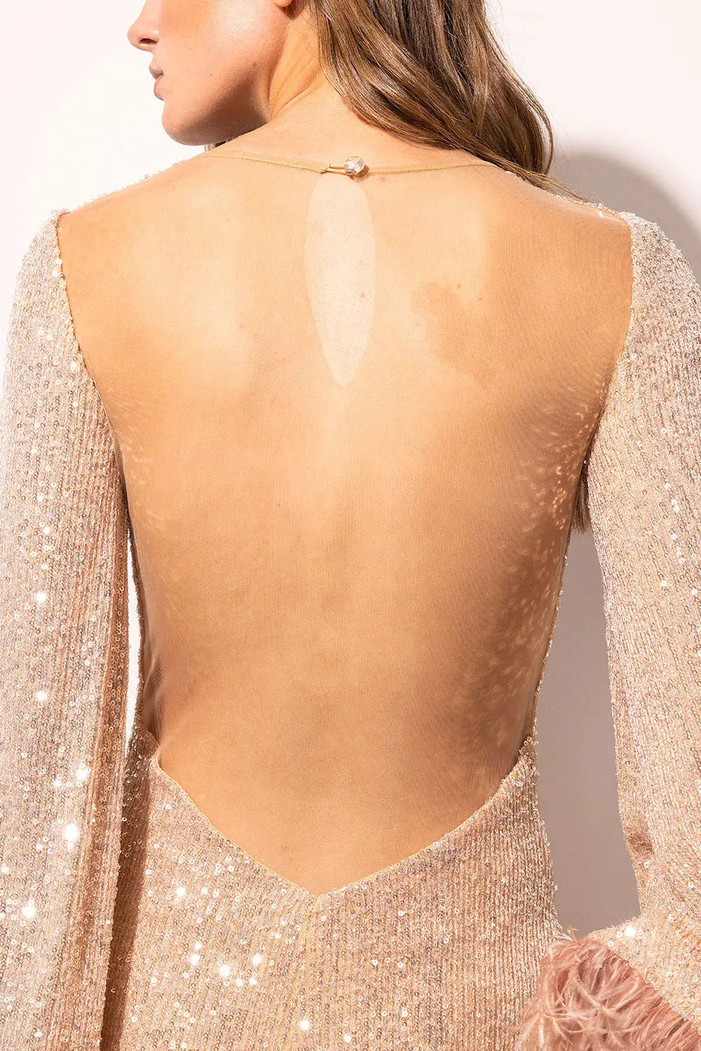 murray pale pink sequin feather trim backless mini dress Avalabel