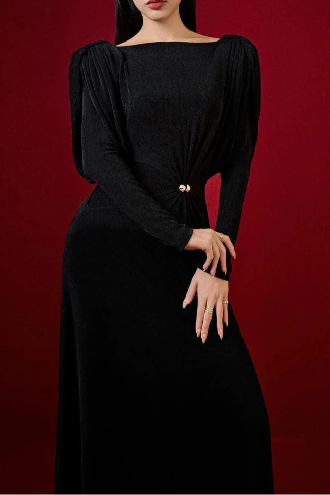 beryl pleated Knitted Fabric Maxi Dress in black