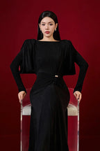 beryl pleated Knitted Fabric Maxi Dress in black Avalabel