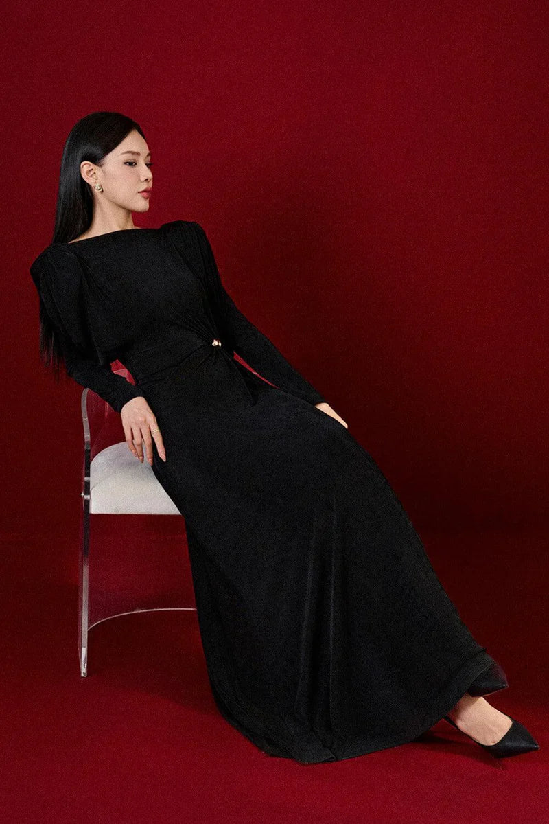 beryl pleated Knitted Fabric Maxi Dress in black Avalabel