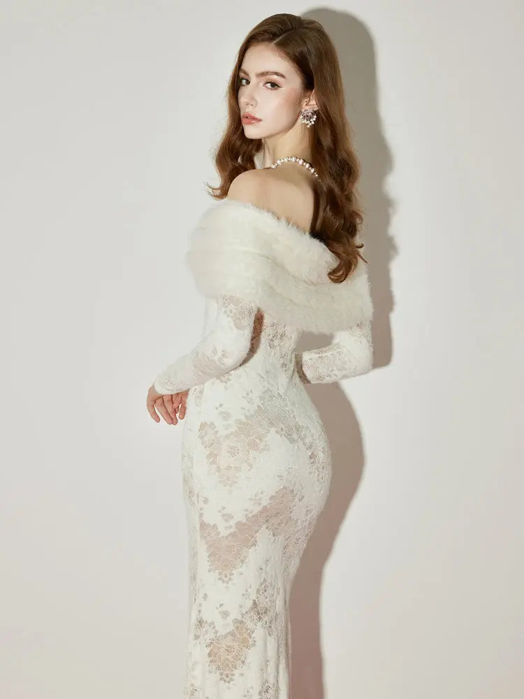 julia Off-Shoulder Fur Collar Long Sleeve lace maxi dress in white Avalabel