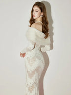 julia Off-Shoulder Fur Collar Long Sleeve lace maxi dress in white Avalabel