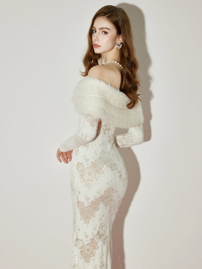 julia Off-Shoulder Fur Collar Long Sleeve lace maxi dress in white