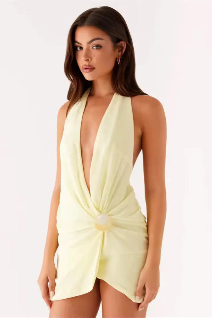 Pale Yellow Beach Halter Neck Mini Dress Avalabel