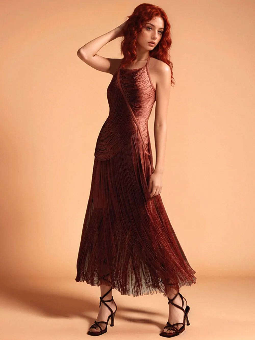 nicola pleated halter fringe maxi dress in brown Avalabel