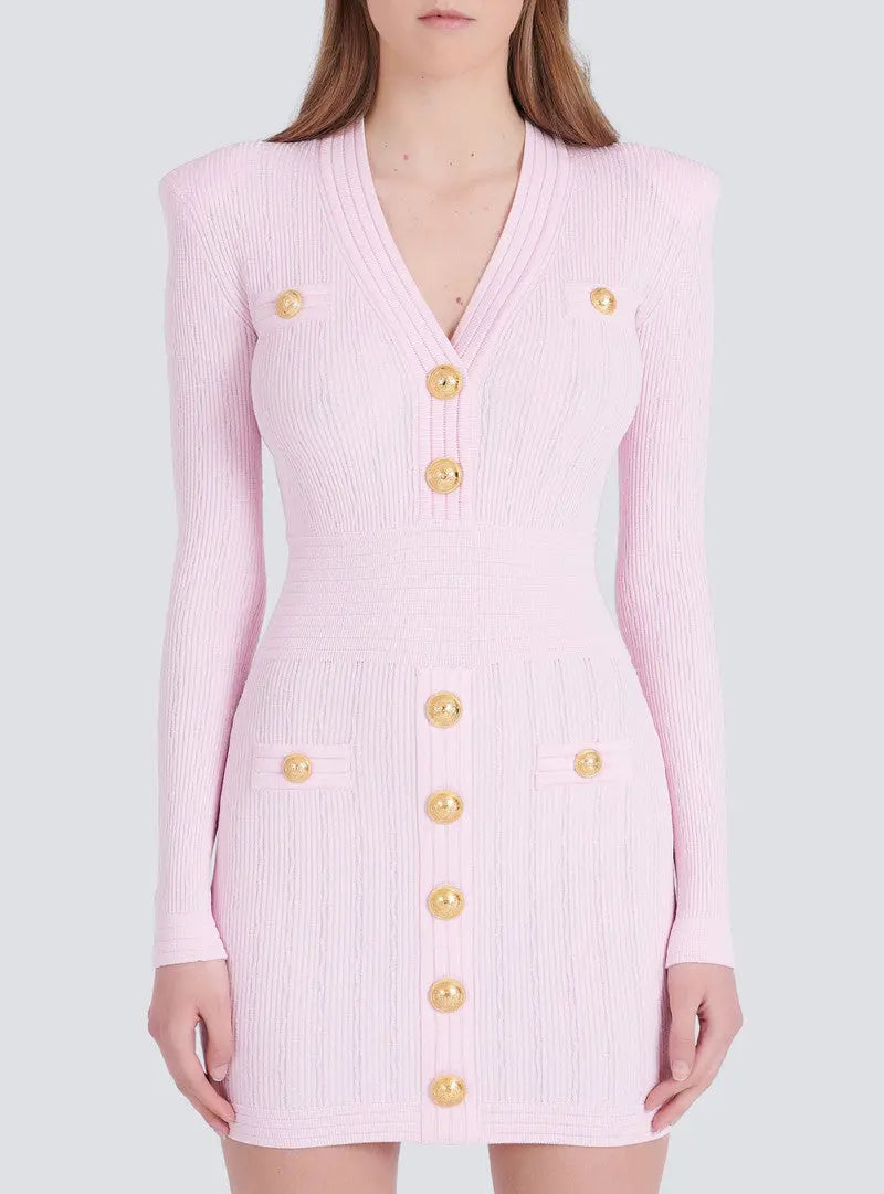 vicky v-neck button-detail ribbed mini dress in pink Avalabel