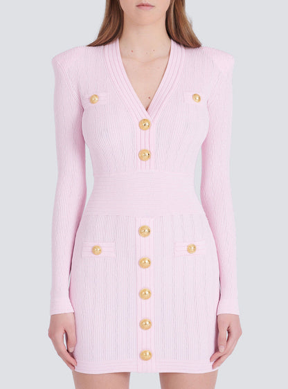 vicky v-neck button-detail ribbed mini dress in pink