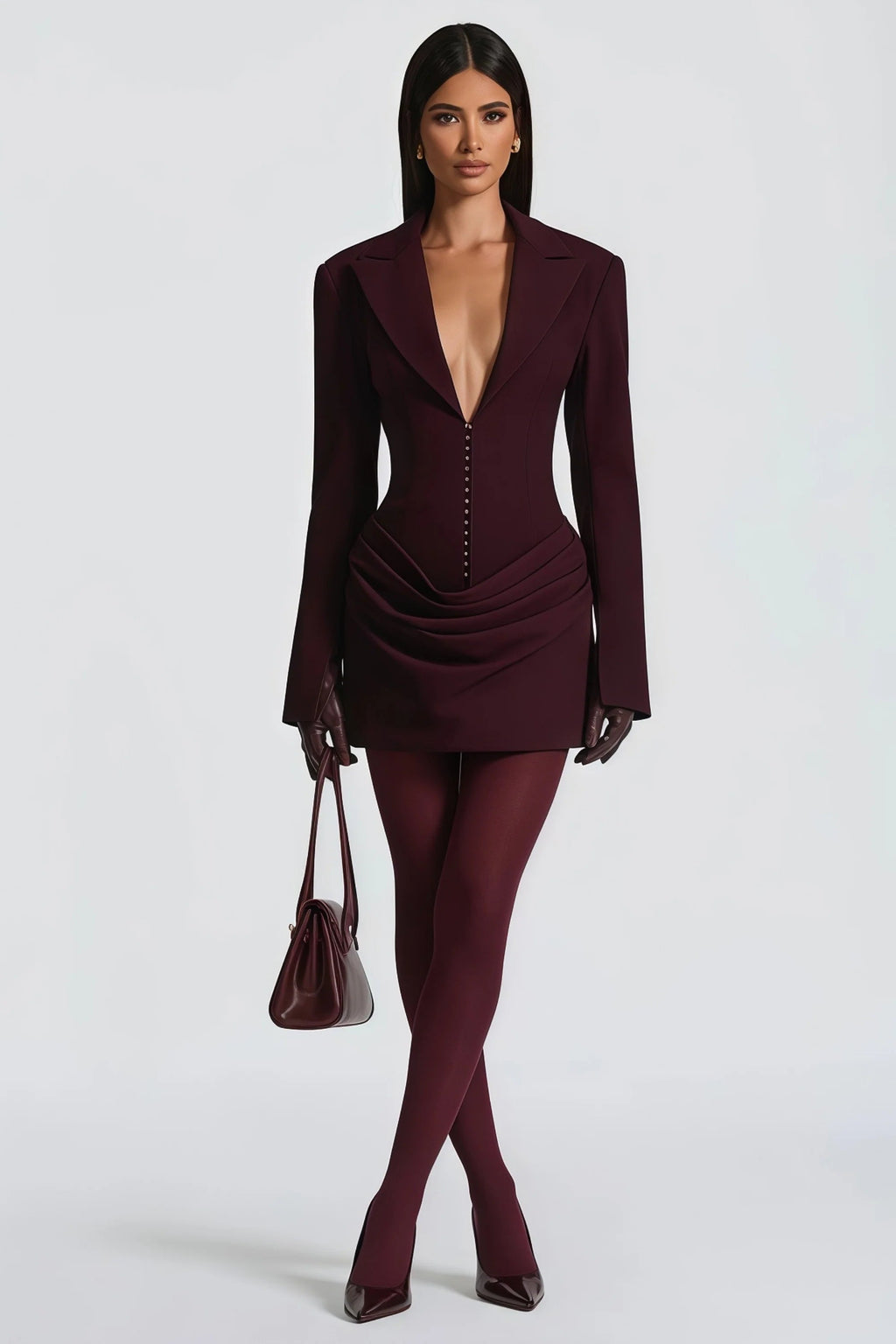 amelia v-neck ruched Blazer Mini Dress in Wine Red Avalabel