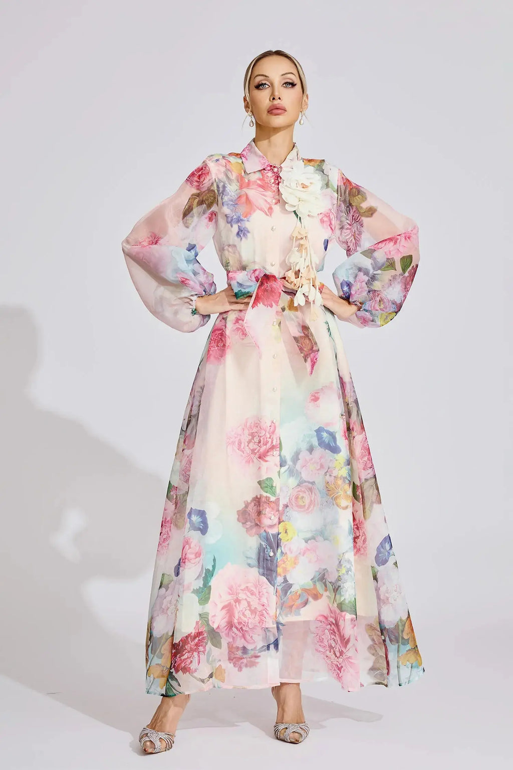 Vivien Pink Floral Printed Lantern Sleeve Maxi Dress Avalabel
