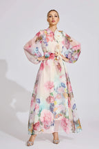 Vivien Pink Floral Printed Lantern Sleeve Maxi Dress Avalabel