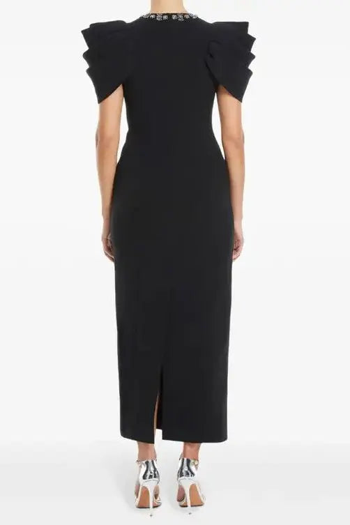Roxanne Crystal-Embellished Crepe Bodycon Gown in Black Avalabel