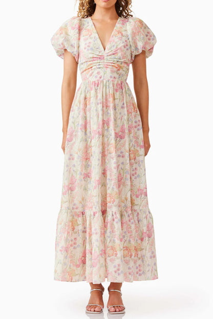 V-Neck Puff Sleeves Floral Maxi Dress in Pink
