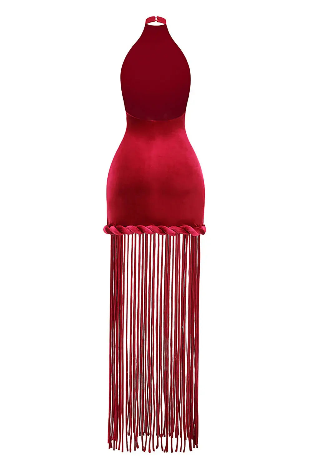 michaelia halterneck Fringe Velvet Dress in Burgundy Avalabel