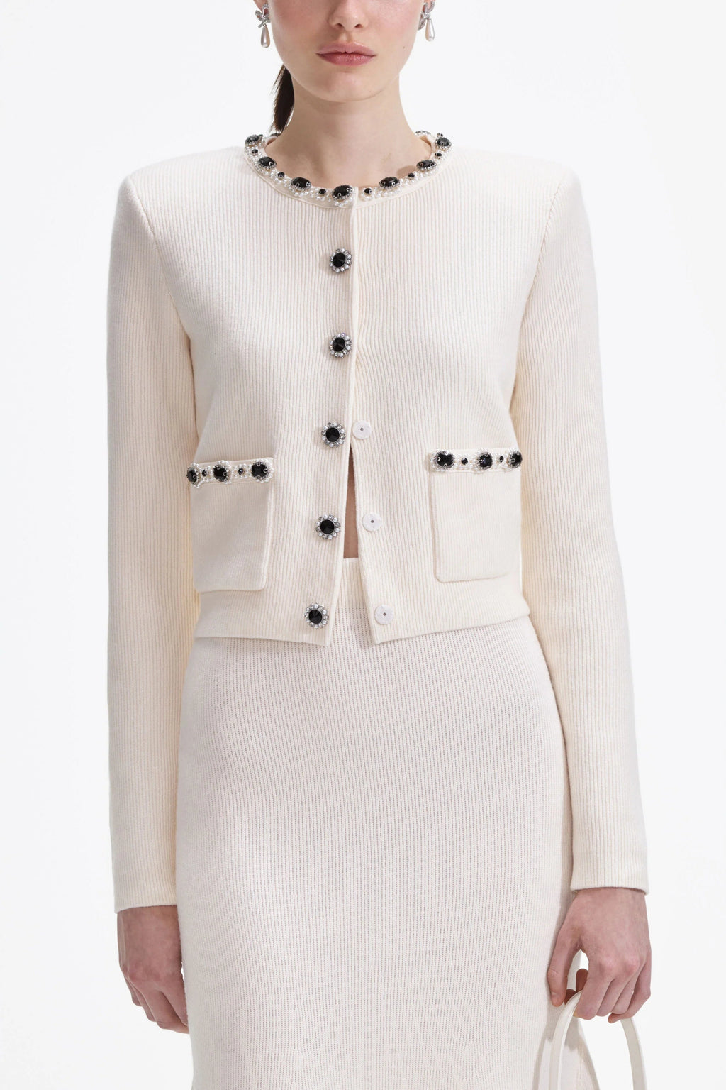 virginia Cream Embellished Cardigan skirt set Avalabel