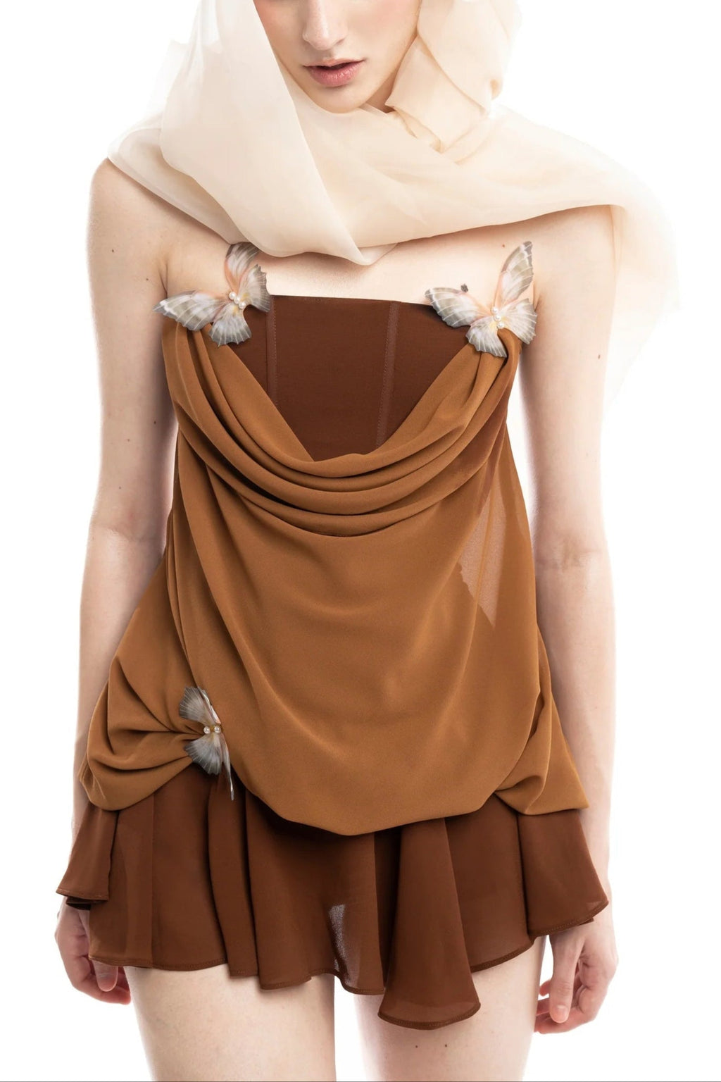 Brown 3D Butterfly Fishbone Tunic Top Mini Skirt Set Avalabel