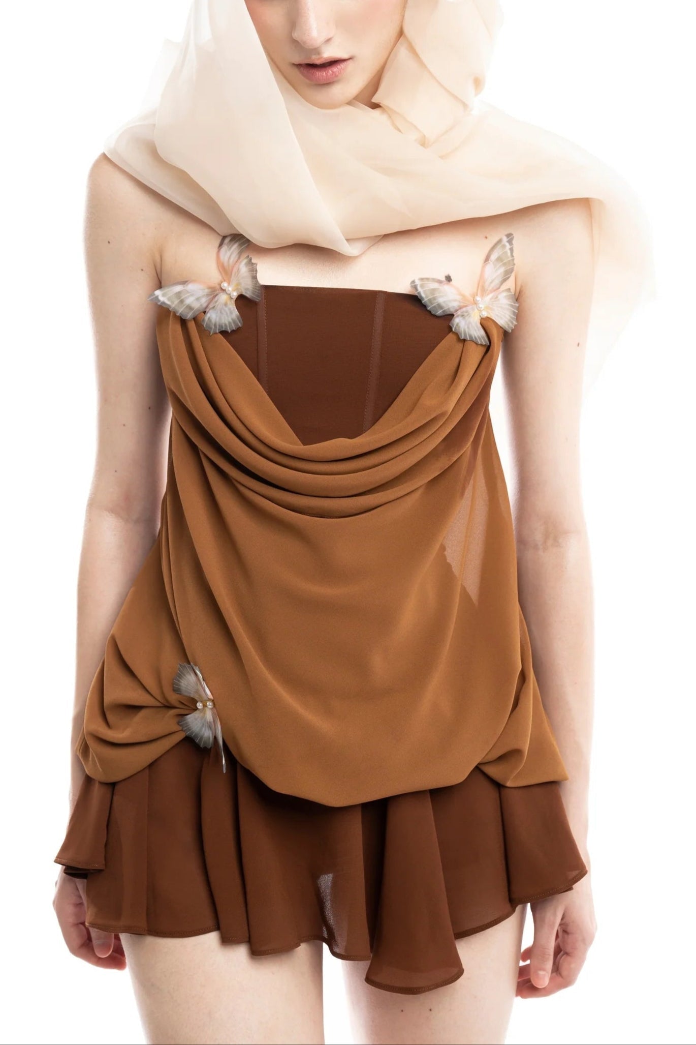 Brown 3D Butterfly Fishbone Tunic Top Mini Skirt Set Avalabel