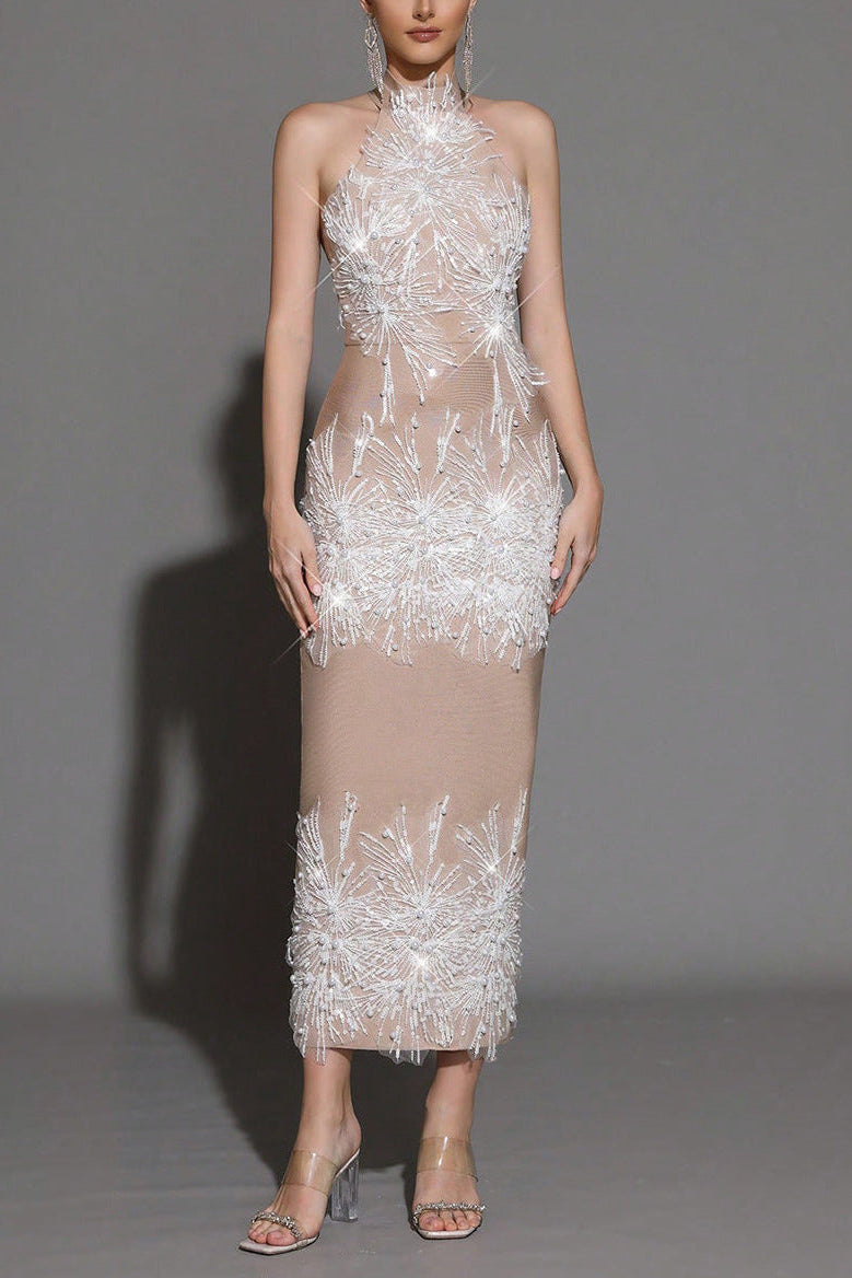 Pandora Sleeveless Beaded Tassel Sequin Bandage Maxi Dress - Khaki