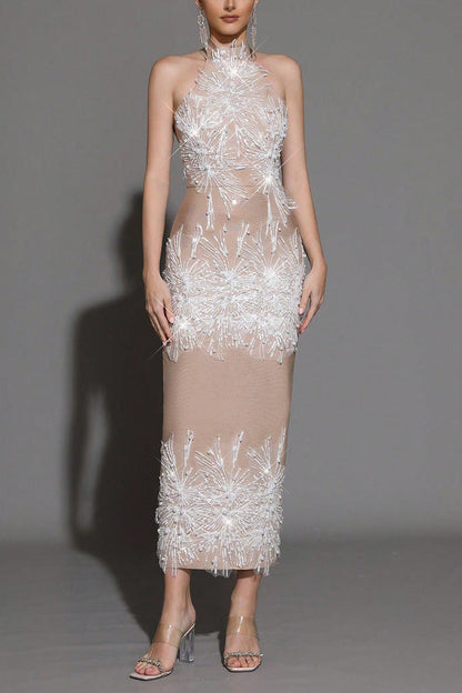 Pandora Sleeveless Beaded Tassel Sequin Bandage Maxi Dress - Khaki