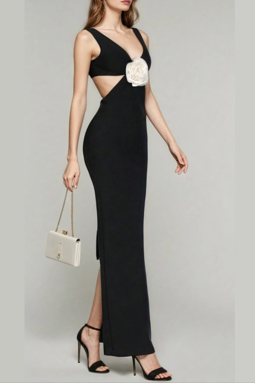 Flower V-Neck Hollow Out Maxi Dress in Black Avalabel