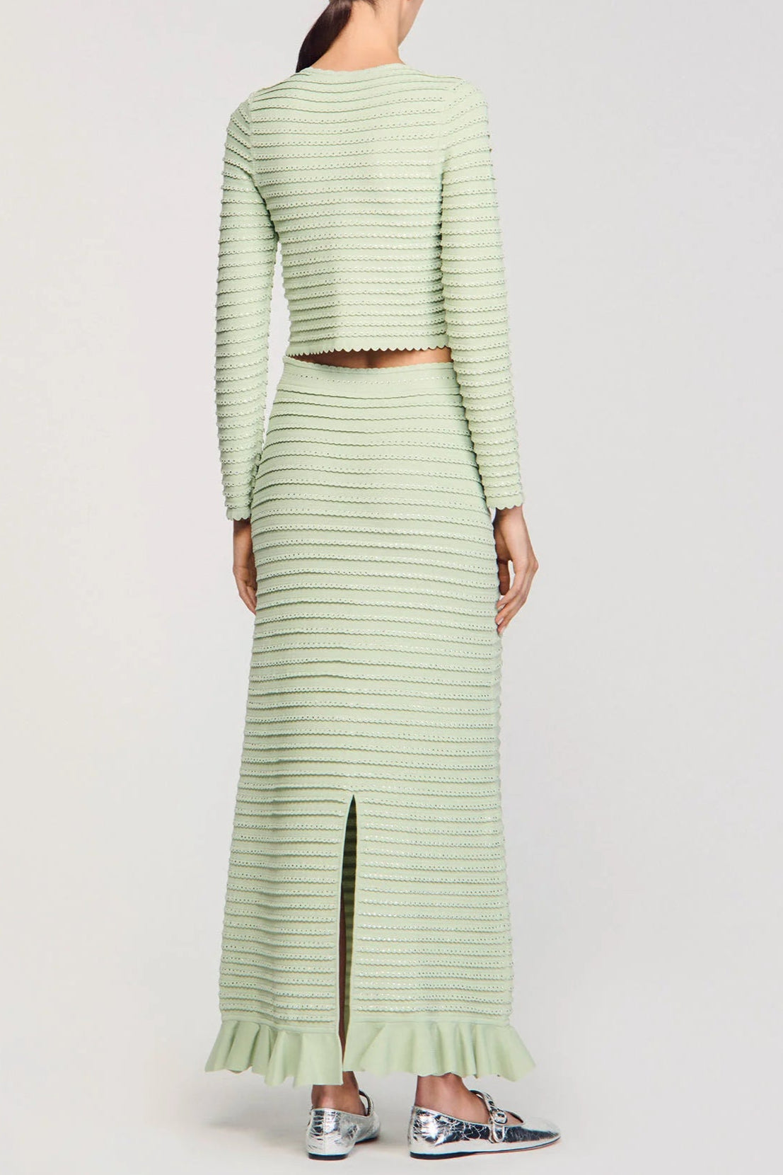 Rhinestone Knit Maxi Skirt in Almond Green Avalabel