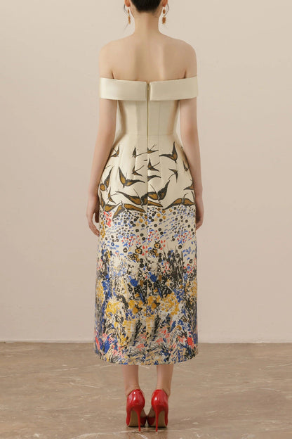 Nina Retro Floral Print Off-Shoulder Idi Dress in Apricot Avalabel