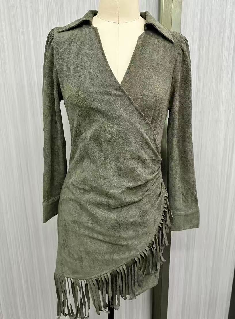 Olive Green Faux Suede V-Neck Wrap Mini Dress Avalabel
