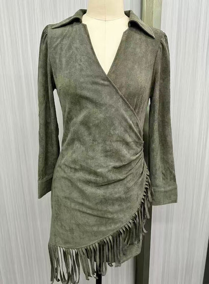 Olive Green Faux Suede V-Neck Wrap Mini Dress Avalabel