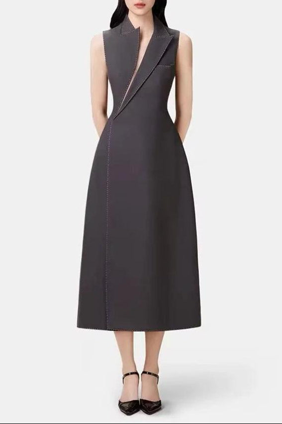 Asymmetric Collar Blazer Midi Dress in Grey Avalabel