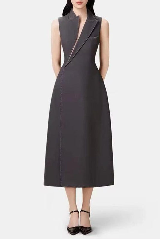 Asymmetric Collar Blazer Midi Dress in Grey