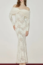 julia Off-Shoulder Fur Collar Long Sleeve lace maxi dress in white Avalabel