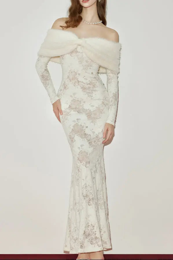julia Off-Shoulder Fur Collar Long Sleeve lace maxi dress in white Avalabel