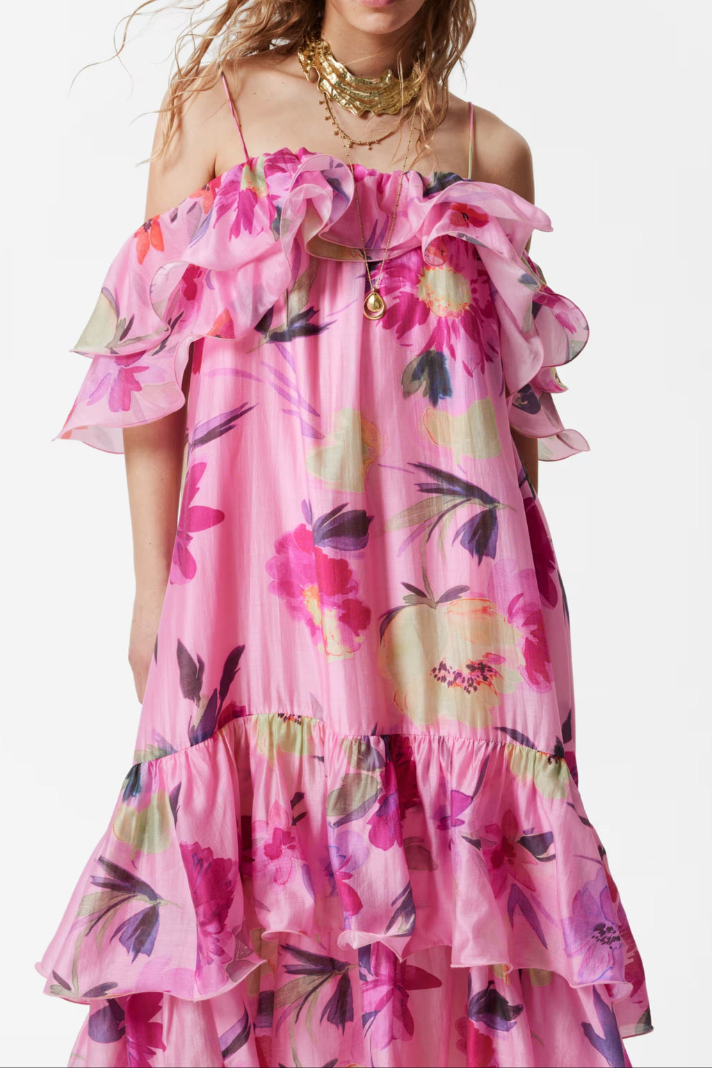 Hedwig Off-Shoulder Floral Printed Ruffle Maxi Dress in Rose Red Avalabel