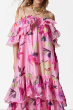 Hedwig Off-Shoulder Floral Printed Ruffle Maxi Dress in Rose Red Avalabel