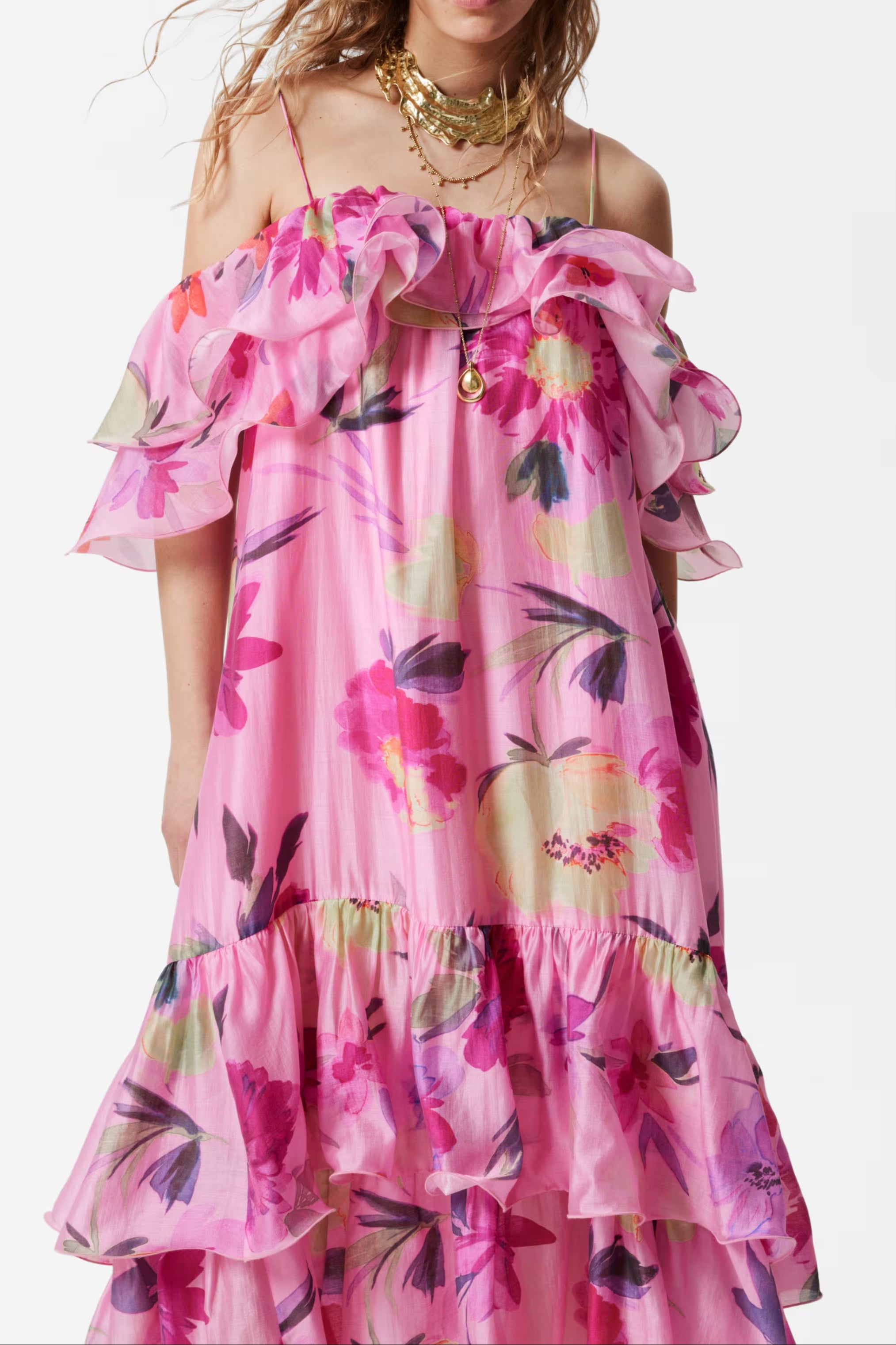 Hedwig Off-Shoulder Floral Printed Ruffle Maxi Dress in Rose Red Avalabel