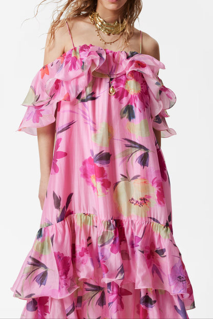 Hedwig Off-Shoulder Floral Printed Ruffle Maxi Dress in Rose Red