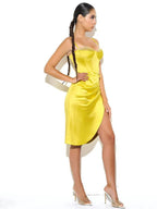 Lemon Yellow Pleated Satin Mini Dress Avalabel