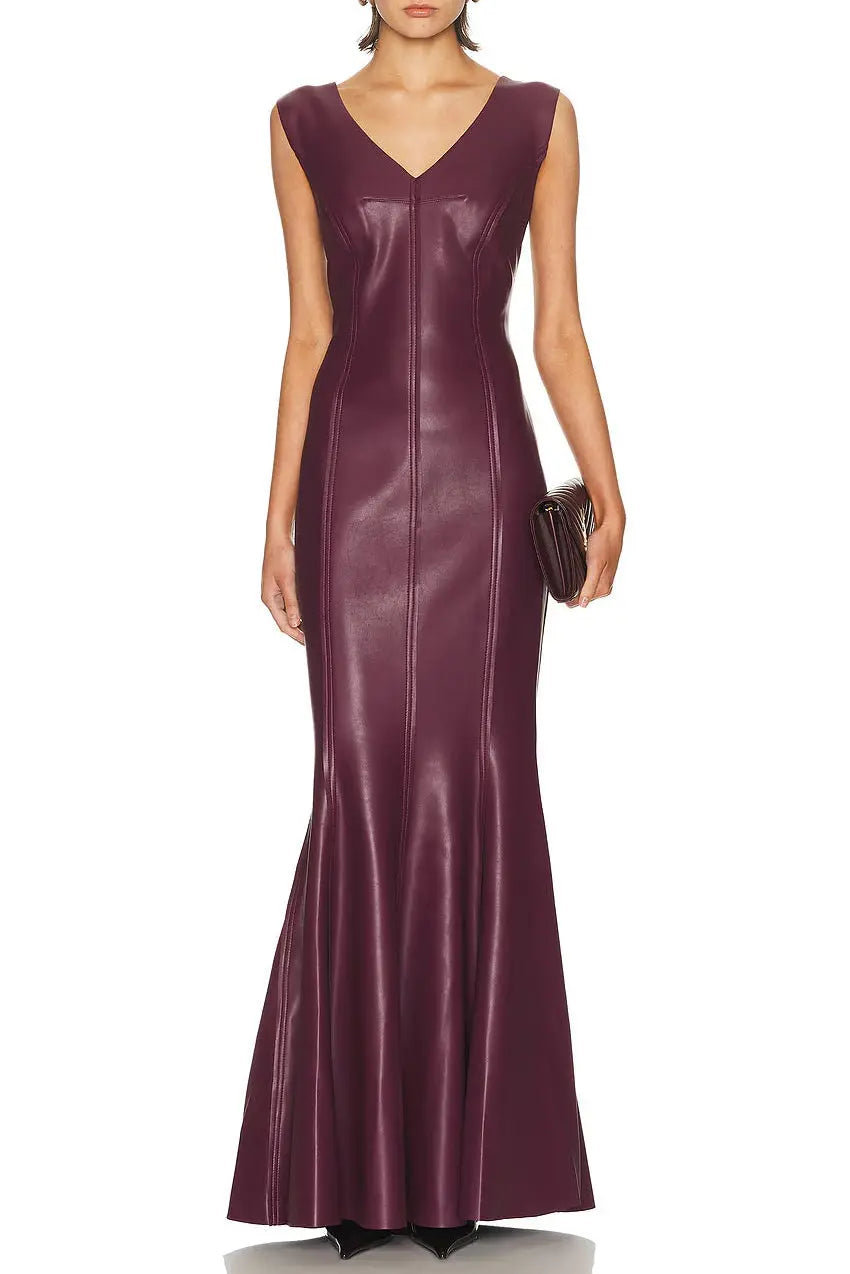 Ophelia V-Neck Sleeveless Leather Maxi Dress in Burgundy Avalabel